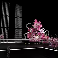 Elegant Event Stage With Pink Drapes Chandeliers And Flower Decorated Tables