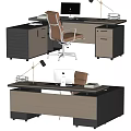 Modern Office Desk With Ergonomic Chair Wooden Top Monitor And Storage Drawers