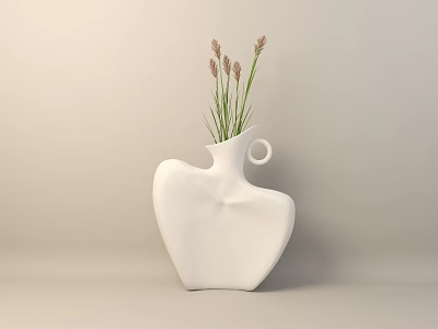 White Irregular Shaped Vase With Pale Pink Spiky Flowers And Green Stems On Neutral Background 3d model