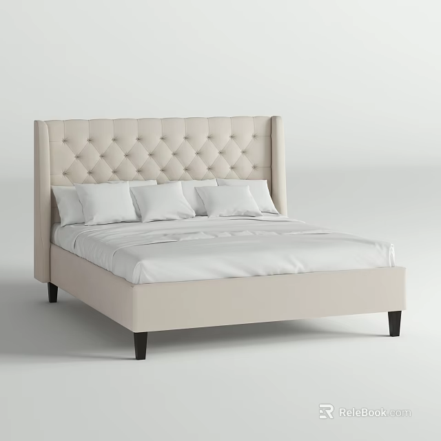 Elegant Double Bed with Tufted Ivory Headboard White Pillows and Black Legs 3d model 