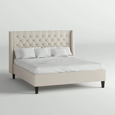Elegant Double Bed with Tufted Ivory Headboard White Pillows and Black Legs 3d model