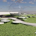 Modern Courtyard Garden With Stone Path Water Pool Green Lawn And Transparent Spherical Structures
