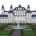 European Style Architecture Grand Castle With Spires Central Dome And Manicured Gardens