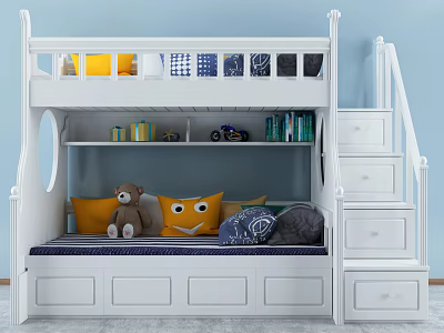 White Bunk Bed with Stairs Drawers Colorful Storage and Stuffed Toys in Kids Room 3d model