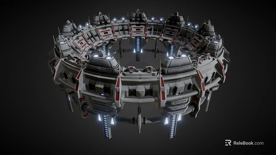 Cartoon Scene Of Futuristic Circular Structure With Multiple Towers Illuminated Lights And Mechanical Details 3d model 
