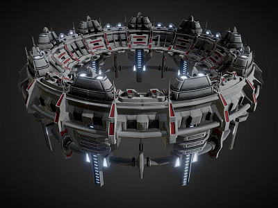 Cartoon Scene Of Futuristic Circular Structure With Multiple Towers Illuminated Lights And Mechanical Details 3d model