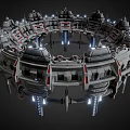 Cartoon Scene Of Futuristic Circular Structure With Multiple Towers Illuminated Lights And Mechanical Details