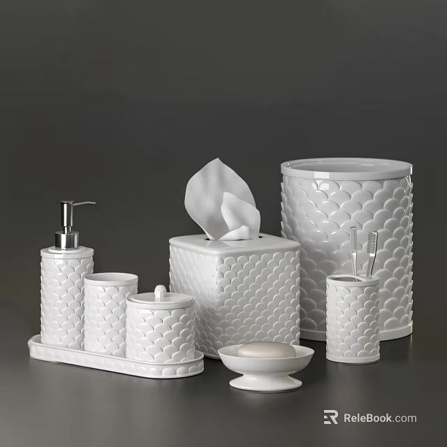 White Textured Bathroom Accessories Set With Soap Dispenser Tissue Box Toothbrush Holder And Soap Dish 3d model 