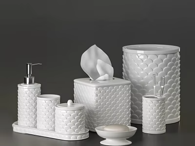 White Textured Bathroom Accessories Set With Soap Dispenser Tissue Box Toothbrush Holder And Soap Dish 3d model