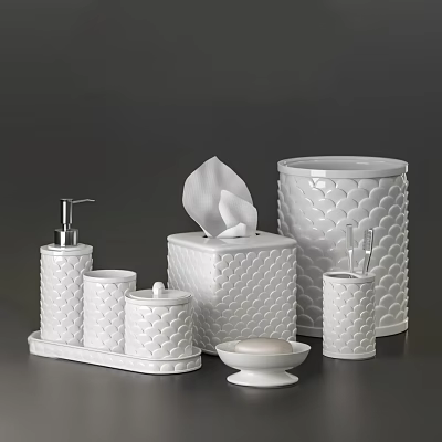 White Textured Bathroom Accessories Set With Soap Dispenser Tissue Box Toothbrush Holder And Soap Dish 3d model