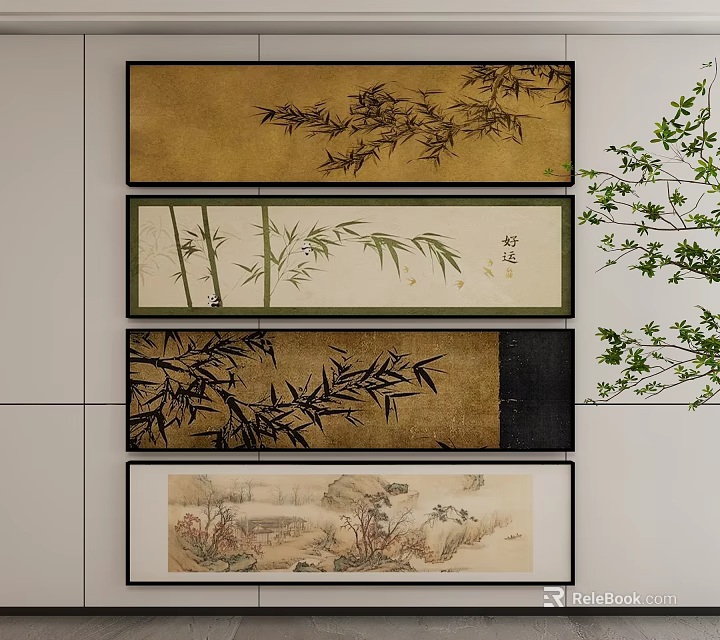 Four Abstract Paintings Hanging on Wall Featuring Bamboo and Landscape Elements 3d model