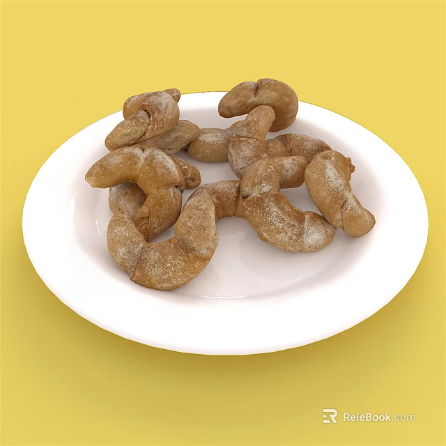 Golden Brown Twisted Pastries Dusted With Powder On White Plate Against Yellow Background 3d model 