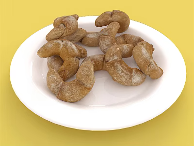 Golden Brown Twisted Pastries Dusted With Powder On White Plate Against Yellow Background 3d model