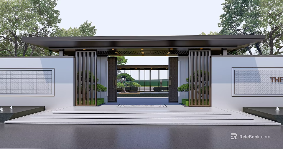 Chinese Style Entrance Gate With Metal Grilles And Symmetric Green Plants Surrounded By Courtyard 3d model 
