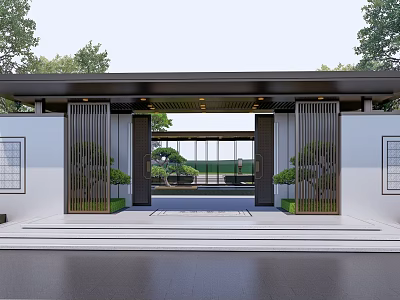 Chinese Style Entrance Gate With Metal Grilles And Symmetric Green Plants Surrounded By Courtyard 3d model