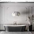 Elegant Black Bathtub With Faucet White Paneled Striped Walls Pendant Light And Potted Plant