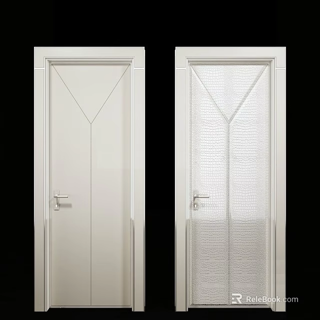 White Modern Swing Doors Featuring Solid Wood and Textured Glass Panels with Metal Handles 3d model 