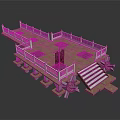 Architectural Platform Structure With Metal Railing Stone Staircase Red Banner And Support Wheels