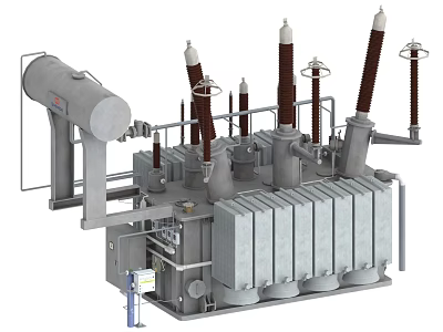 Industrial Power Transformer Equipment Featuring Insulating Bushings Radiator Fins And Metal Housing 3d model