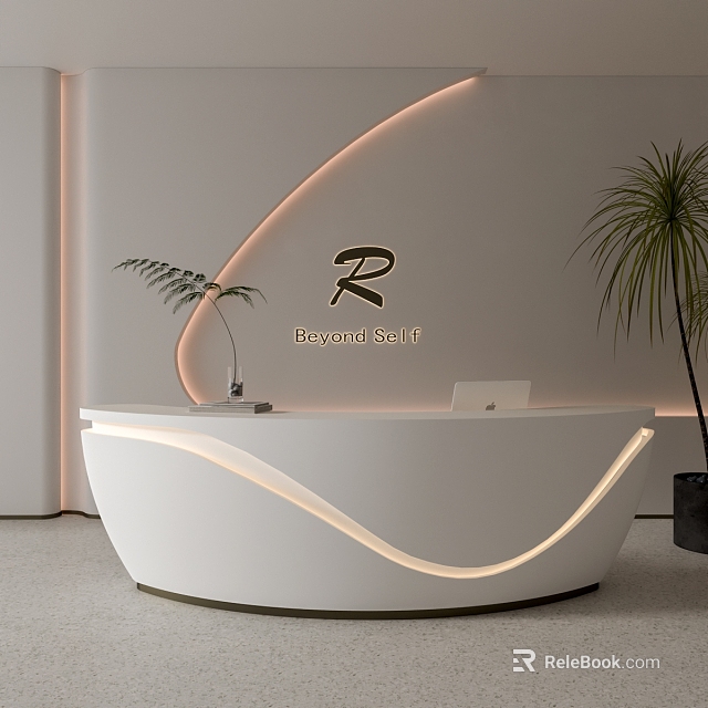 White Curved Reception Desk With LED Light Strips And Potted Plant Wall Logo BeyondSelf 3d model 