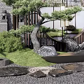 Chinese Zen Garden Wall With Circular Window Pine Tree And Stone Decor 3d model