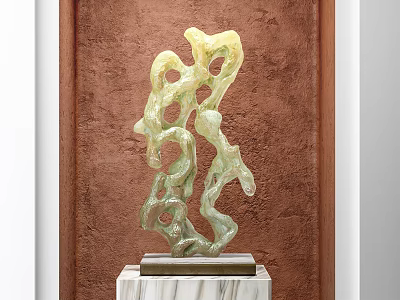 Green Irregular Shaped Decorative Ornament Set On Marble Base With Brown Wall 3d model
