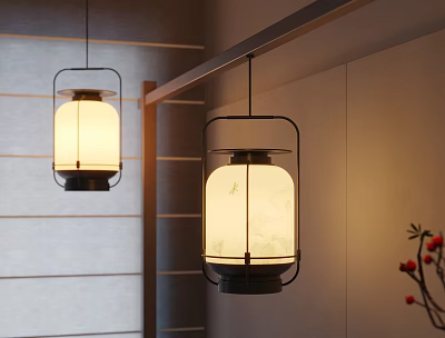 Two Japanese Style Pendant Lights With Paper Shades And Shoji Doors Background 3d model