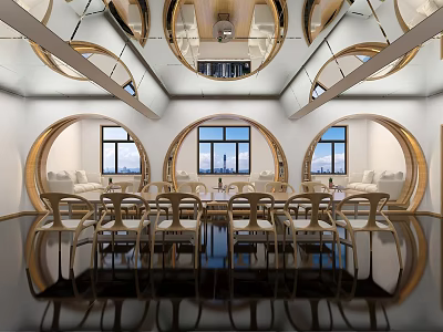 Sales Office Interior Featuring Circular Windows City View Chairs and Mirrored Floor Design 3d model