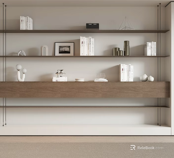 Modern Minimalist Shelf Unit With Books Picture Frame And Decorative Items 3d model 