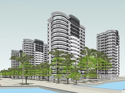 Modern High Rise Apartment Buildings with Balconies Palm Trees and Pool Area 3d model