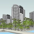 Modern High Rise Apartment Buildings with Balconies Palm Trees and Pool Area