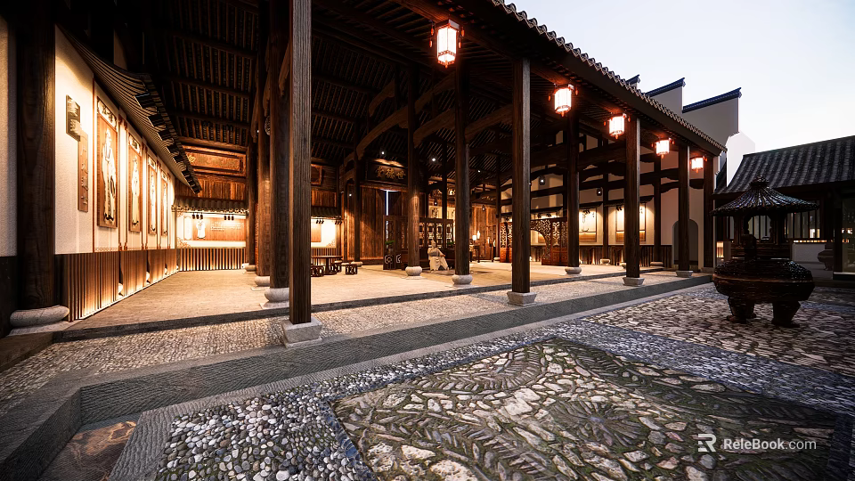 Traditional Ancient Chinese Architecture Featuring Wooden Courtyard And Hanging Lanterns Design 3d model 