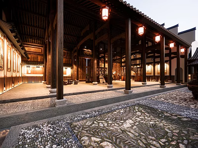 Traditional Ancient Chinese Architecture Featuring Wooden Courtyard And Hanging Lanterns Design 3d model