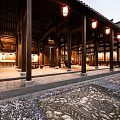 Traditional Ancient Chinese Architecture Featuring Wooden Courtyard And Hanging Lanterns Design