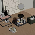 Elegant Perfume Cosmetic Display On Wooden Tabletop With Multi tiered Shelf Round Mirror Trays Brushes