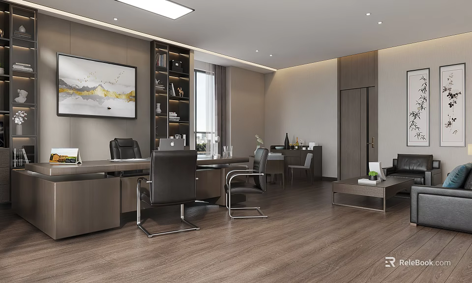 Modern Office Interior With Executive Desk Chairs Bookshelf Sofa And Wall Paintings 3d model 