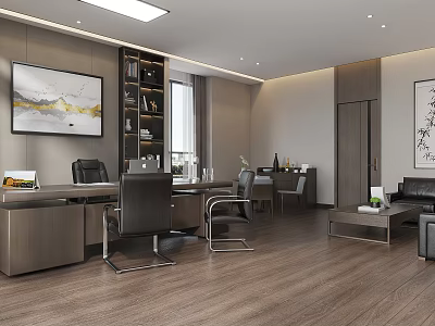 Modern Office Interior With Executive Desk Chairs Bookshelf Sofa And Wall Paintings 3d model