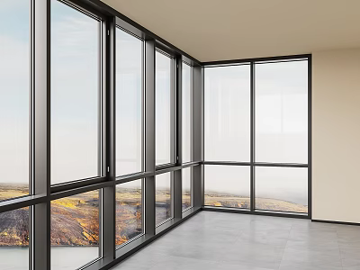Floor To Ceiling Windows In Bright Room With Gray Tile Floor 3d model