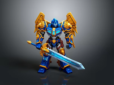 Armored Blue Yellow Robot Warrior Figure With Eagle Wings And Sword 3d model