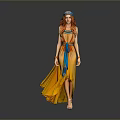 Woman with Red Hair and Blue Headband Wearing Yellow Dress on Dark Background