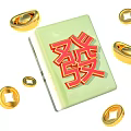 Decorative Ornament Set with Green Base Red Fa Character and Gold Ingots Circular Ornaments