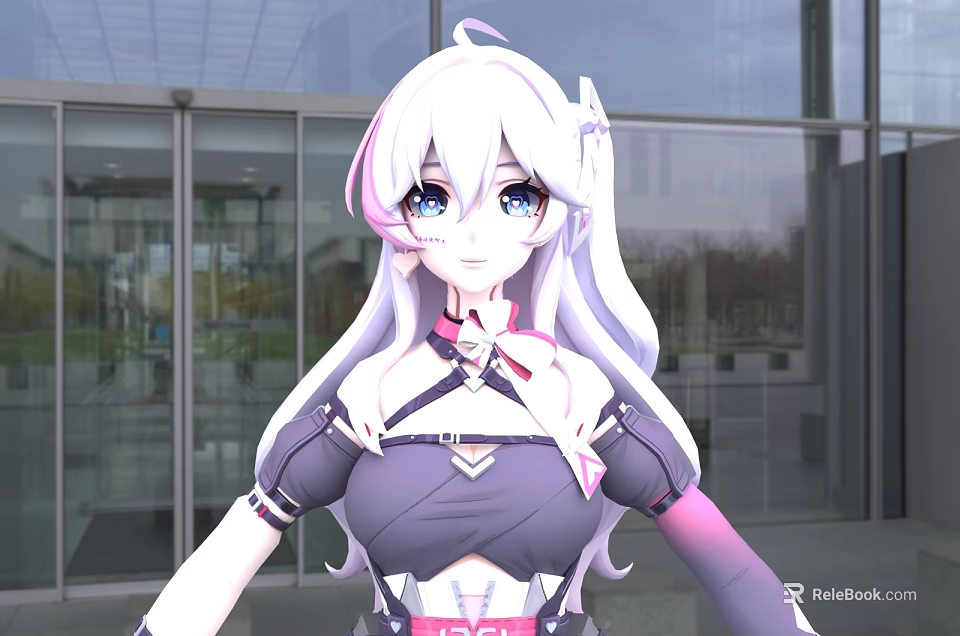 Anime Style Woman With White Long Hair And Blue Eyes In Modern Building Setting 3d model 