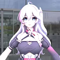 Anime Style Woman With White Long Hair And Blue Eyes In Modern Building Setting