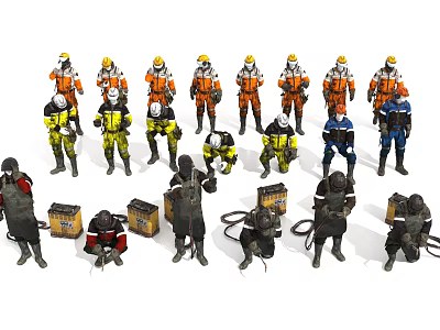 Multiple Workers in Colorful Safety Uniforms with Protective Gear and Equipment 3d model