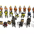Multiple Workers in Colorful Safety Uniforms with Protective Gear and Equipment