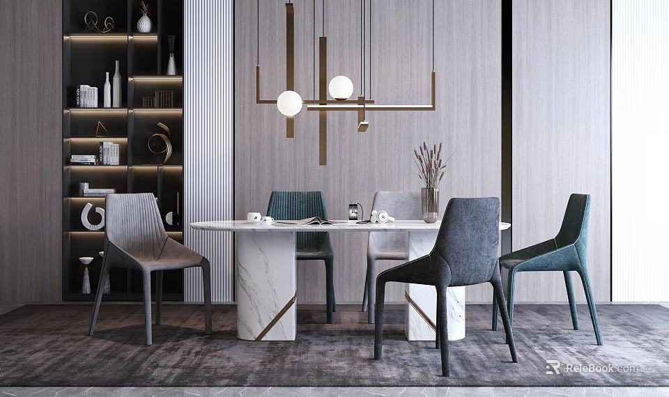 Modern Marble Dining Table Set With Gray Teal Chairs And Pendant Lights Decor 3d model