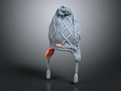 Warm Gray Diamond Knit Hat with Ear Flaps and Pom Pom Ties Design 3d model