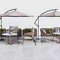 Outdoor Rattan Table And Chair Set With Parasol And Green Plants