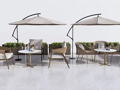 Outdoor Rattan Table And Chair Set With Parasol And Green Plants 3d model