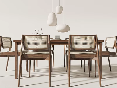 Modern Wooden Dining Table Set With Woven Back Chairs And White Pendant Lights 3d model